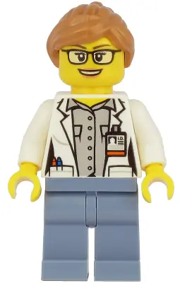 CTY1167:  Ocean Researcher - Female, White Jacket, Sand Blue Legs, Glasses, Medium Nougat Hair