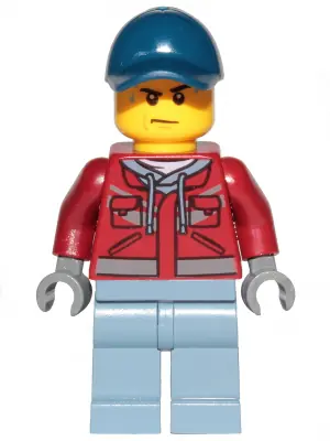 CTY1172:  Explorer - Male, Dark Red Hooded Sweatshirt, Dark Blue Cap, Frown, Sweat Drops