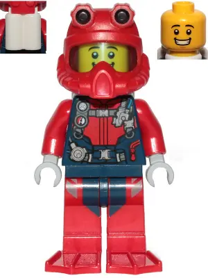 CTY1173:  Scuba Diver - Male, Open Mouth Smile, Red Helmet, White Air Tanks, Red Flippers