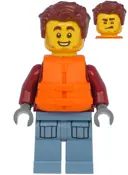 Minifigurka: CTY1174:  Harl Hubbs - Dark Red Hooded Sweatshirt, Sand Blue Legs with Pockets, Life Jacket