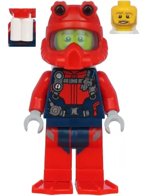 CTY1180:  Scuba Diver - Male, Open Mouth, Dark Tan Beard, Red Helmet, White Air Tanks, Red Flippers