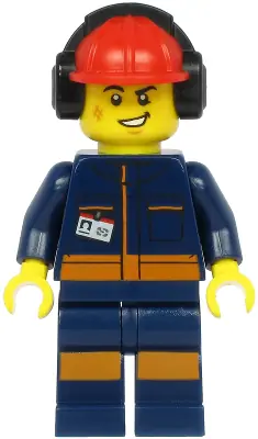 CTY1183:  Airport Flagger - Male, Dark Blue Jumpsuit with Orange Stripes, Red Construction Helmet with Black Ear Protectors / Headphones