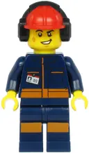 Minifigurka: CTY1183:  Airport Flagger - Male, Dark Blue Jumpsuit with Orange Stripes, Red Construction Helmet with Black Ear Protectors / Headphones
