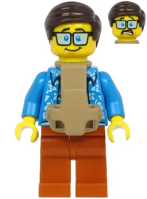 CTY1185:  Plane Passenger - Male, Dark Brown Hair, Dark Azure Hawaiian Shirt, Dark Orange Legs, Baby Carrier