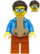 Minifigurka: CTY1185:  Plane Passenger - Male, Dark Brown Hair, Dark Azure Hawaiian Shirt, Dark Orange Legs, Baby Carrier