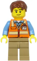 Minifigurka: CTY1187:  Air Traffic Controller - Male, Reddish Brown Hair, Orange Safety Vest, Dark Tan Legs
