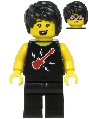 CTY1188:  Plane Passenger - Female, Black Hair, Black Sleeveless Top with Red Guitar, Black Legs