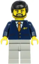 Minifigurka: CTY1190:  Steward - Male, Black Hair, Dark Blue Suit with Striped Tie, Light Bluish Gray Legs
