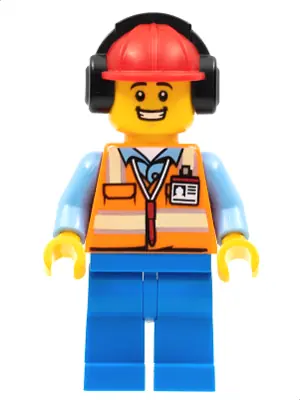 CTY1193:  Ground Crew - Male, Orange Safety Vest with Reflective Stripes, Blue Legs, Red Construction Helmet with Black Ear Protectors / Headphones