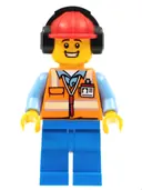 Minifigurka: CTY1193:  Ground Crew - Male, Orange Safety Vest with Reflective Stripes, Blue Legs, Red Construction Helmet with Black Ear Protectors / Headphones