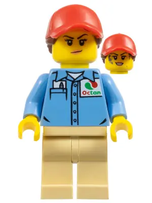 CTY1194:  Ground Crew - Female, Medium Blue Shirt with 'Octan' Logo, Tan Legs, Red Ball Cap with Reddish Brown Ponytail