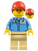 Minifigurka: CTY1194:  Ground Crew - Female, Medium Blue Shirt with 'Octan' Logo, Tan Legs, Red Ball Cap with Reddish Brown Ponytail