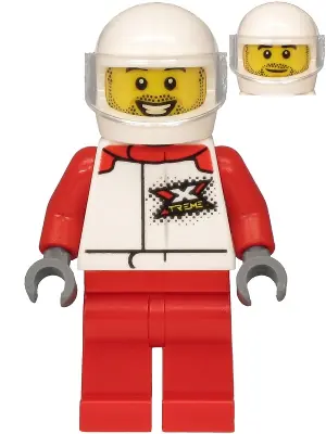 CTY1197:  Helicopter Pilot - Male, White and Red Racing Suit with 'XTREME' Logo, Red Legs, White Helmet, Trans-Clear Visor, Stubble