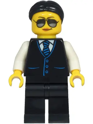 CTY1212:  Limousine Driver - Female, Black Vest with Blue Striped Tie, Black Legs, Black Hair, Sunglasses and Medium Nougat Lips