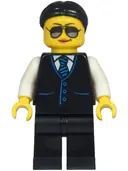 Minifigurka: CTY1212:  Limousine Driver - Female, Black Vest with Blue Striped Tie, Black Legs, Black Hair, Sunglasses and Medium Nougat Lips