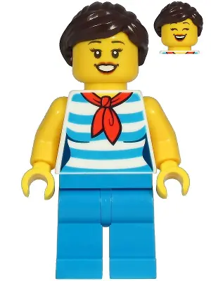 CTY1213:  Diner Employee - Female, Dark Azure and White Striped Shirt with Red Scarf, Dark Azure Legs, Dark Brown Ponytail