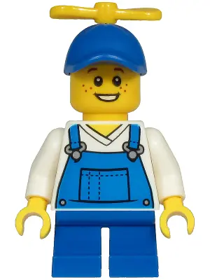 CTY1214:  Child - Boy, Blue Overalls over V-Neck Shirt, Blue Short Legs, Blue Cap with Yellow Tiny Propeller, Freckles (Billy McCloud)