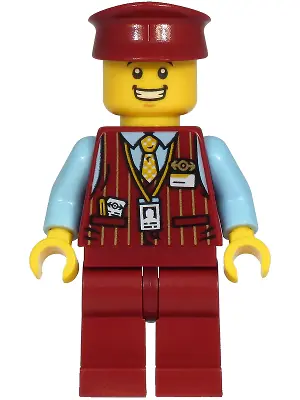CTY1220:  Tram Driver - Male, Dark Red Vest, Bright Light Blue Shirt, Dark Red Legs, Dark Red Hat