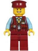 Minifigurka: CTY1220:  Tram Driver - Male, Dark Red Vest, Bright Light Blue Shirt, Dark Red Legs, Dark Red Hat
