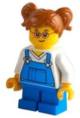 CTY1226:  Child - Girl, Blue Overalls over V-Neck Shirt, Blue Short Legs, Dark Orange Hair with Pigtails, Glasses, Freckles