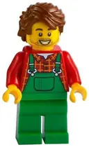 Minifigurka: CTY1227:  Farmer - Overalls Green, Red Plaid Shirt, Reddish Brown Hair Swept Back Tousled