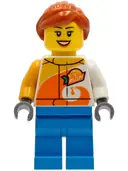 Minifigurka: CTY1228:  Female - Jacket with 'ViTA RUSH' Logo, Dark Azure Legs, Dark Orange Hair