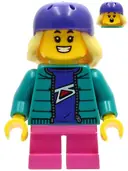 Minifigurka: CTY1230:  Child - Girl, Dark Turquoise Jacket over Dark Purple Shirt, Dark Pink Short Legs, Dark Purple Bicycle Helmet with Bright Light Yellow Hair