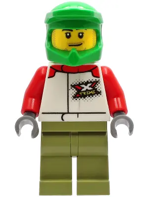 CTY1231:  Wheelchair Athlete - Male, White and Red Racing Suit with 'XTREME' Logo, Olive Green Legs, Bright Green Dirt Bike Helmet, Stubble