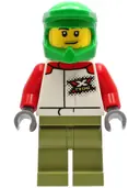 Minifigurka: CTY1231:  Wheelchair Athlete - Male, White and Red Racing Suit with 'XTREME' Logo, Olive Green Legs, Bright Green Dirt Bike Helmet, Stubble