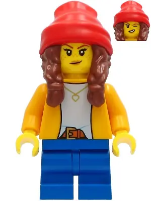 CTY1235:  Girl - Bright Light Orange Jacket, Blue Medium Short Legs, Reddish Brown Hair with Braids and Red Beanie