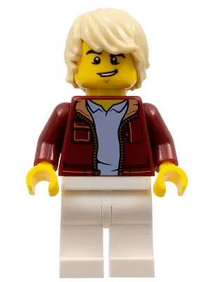 CTY1236:  Man, Dark Red Jacket with Bright Light Blue Shirt, White Legs, Tan Tousled Hair, Lopsided Grin (Car Driver)