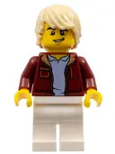 Minifigurka: CTY1236:  Man, Dark Red Jacket with Bright Light Blue Shirt, White Legs, Tan Tousled Hair, Lopsided Grin (Car Driver)