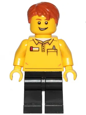 CTY1239:  LEGO Store Employee, Black Legs, Dark Orange Tousled Hair, Lopsided Grin