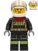 Minifigurka: CTY1240:  Fire - Female, Black Jacket and Legs with Reflective Stripes and Red Collar, White Helmet, Trans-Brown Visor, Dark Bluish Gray Splotches