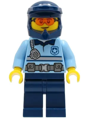 CTY1243:  Police - City Officer Bright Light Blue Shirt with Silver Stripe, Badge, and Radio, Dark Blue Legs, Dark Blue Dirt Bike Helmet, Safety Glasses