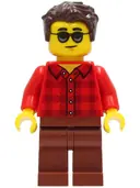 Minifigurka: CTY1246:  Man - Red Plaid Flannel Shirt, Reddish Brown Legs, Dark Brown Hair, Sunglasses