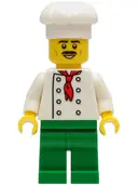 Minifigurka: CTY1247:  Chef - White Torso with 8 Buttons, No Wrinkles Front or Back, Green Legs, White Chef Toque, Moustache
