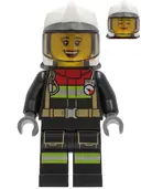 Minifigurka: CTY1250:  Fire - Female, Black Jacket and Legs with Reflective Stripes and Red Collar, White Fire Helmet, Trans-Brown Visor (Sarah Feldman)