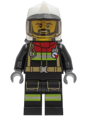 CTY1251:  Fire - Male, Black Jacket and Legs with Reflective Stripes and Red Collar, White Fire Helmet, Trans-Brown Visor, Black Beard