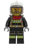 Minifigurka: CTY1251:  Fire - Male, Black Jacket and Legs with Reflective Stripes and Red Collar, White Fire Helmet, Trans-Brown Visor, Black Beard