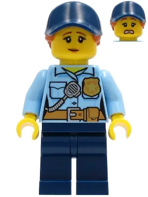 CTY1258:  Police - City Officer Female, Bright Light Blue Shirt with Badge and Radio, Dark Blue Legs, Dark Blue Cap with Dark Orange Ponytail, Pensive Smile