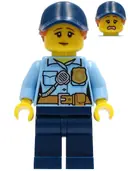 Minifigurka: CTY1258:  Police - City Officer Female, Bright Light Blue Shirt with Badge and Radio, Dark Blue Legs, Dark Blue Cap with Dark Orange Ponytail, Pensive Smile