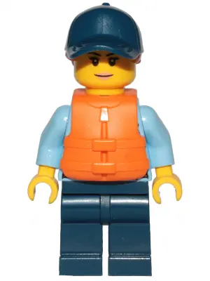 CTY1263:  Police - City Officer Female, Bright Light Blue Shirt with Badge and Radio, Dark Blue Legs, Dark Blue Cap with Dark Orange Ponytail, Life Jacket