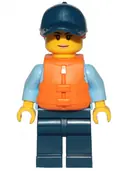 Minifigurka: CTY1263:  Police - City Officer Female, Bright Light Blue Shirt with Badge and Radio, Dark Blue Legs, Dark Blue Cap with Dark Orange Ponytail, Life Jacket