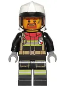 Minifigurka: CTY1264:  Fire - Male, Black Jacket and Legs with Reflective Stripes and Red Collar, White Fire Helmet, Trans-Brown Visor, Dark Orange Goatee