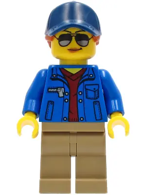 CTY1265:  Ground Crew - Female, Blue Jacket over Dark Red V-Neck Sweater, Dark Tan Legs, Dark Blue Cap with Dark Orange Ponytail