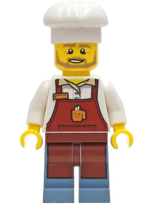 CTY1268:  Baker - Male, Reddish Brown Apron with Cup and Name Tag, Sand Blue Legs, White Chef Toque