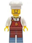 Minifigurka: CTY1268:  Baker - Male, Reddish Brown Apron with Cup and Name Tag, Sand Blue Legs, White Chef Toque