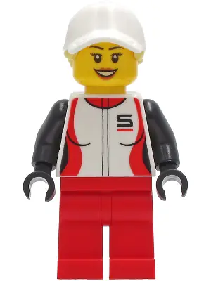 CTY1269:  Woman - Red and White Racing Jacket, Red Legs, White Cap with Bright Light Yellow Ponytail Hair