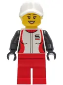 Minifigurka: CTY1269:  Woman - Red and White Racing Jacket, Red Legs, White Cap with Bright Light Yellow Ponytail Hair